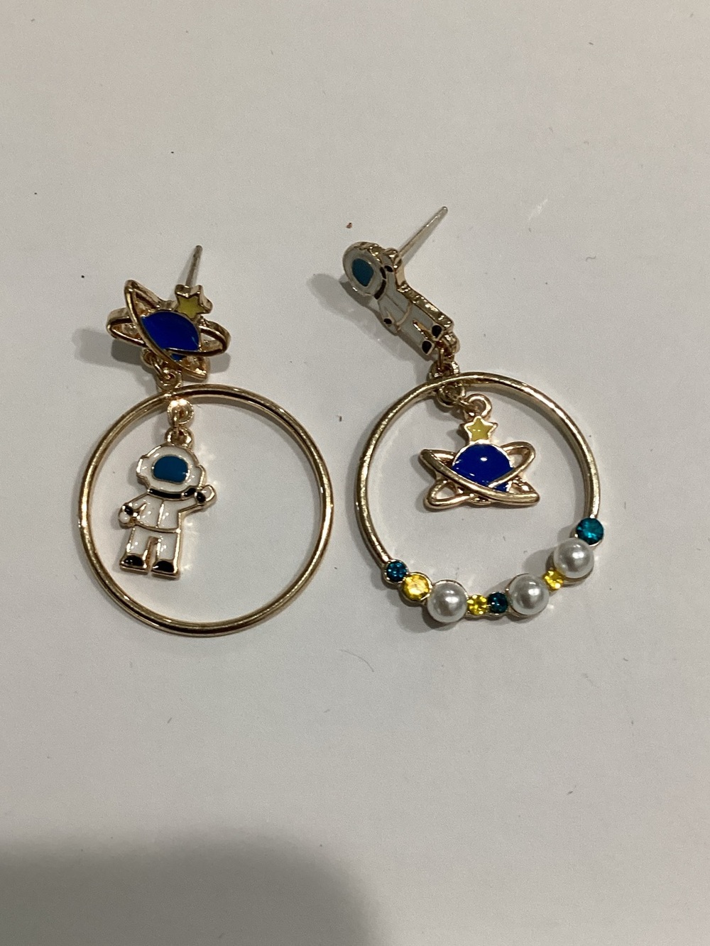 Fashion Jewelry Gold-Tone Blue Astronaut & Planet Hoop Earrings‎